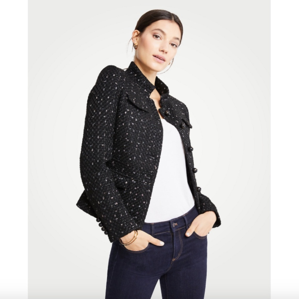 ANN TAYLOR Black Metallic Tweed Fitted Stand Collar Military Jacket Size 2